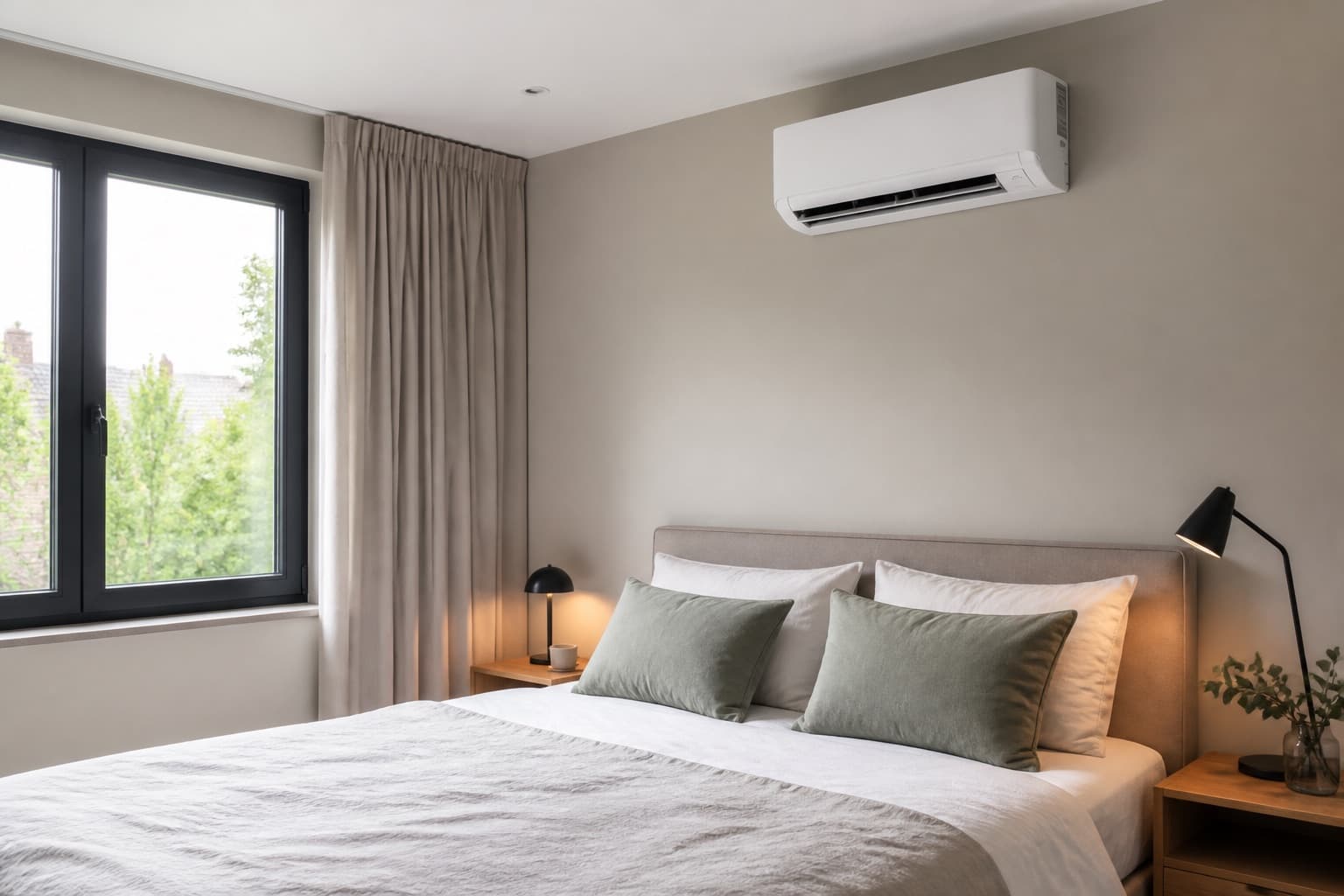 Slaapkamer met strak geplaatste wandairco