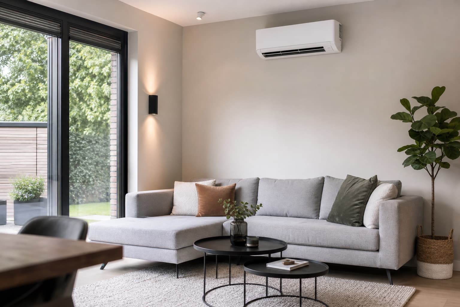 Moderne woonkamer met subtiel geplaatste airco